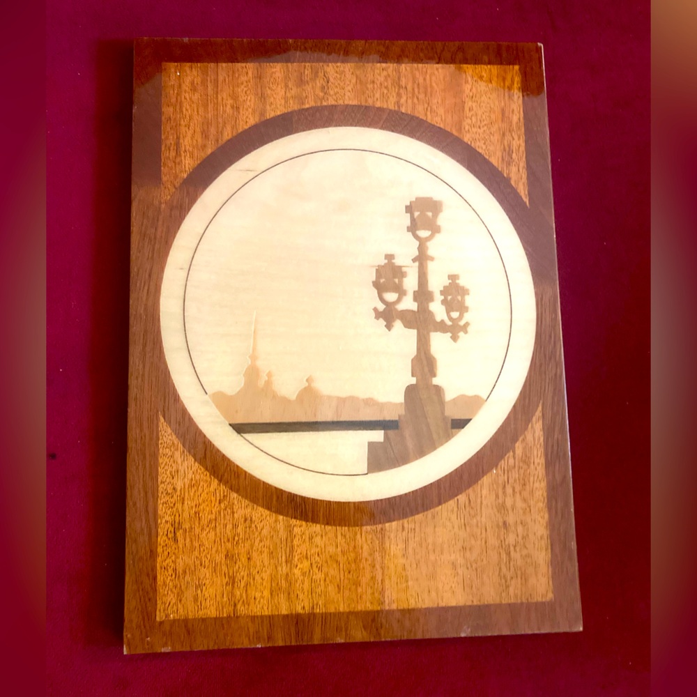 Russian handmade marquetry plaque from bridge?— St. Petersburg?